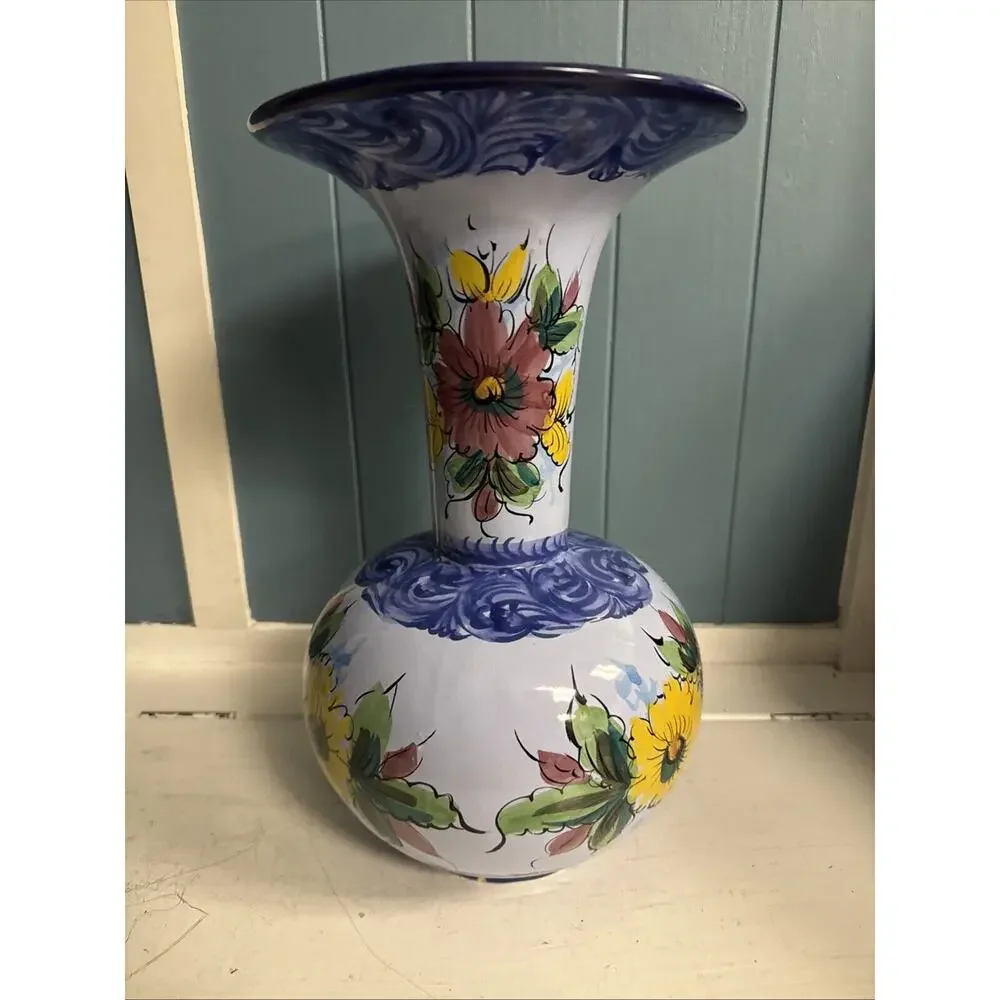 Vintage Alcobaca Portuguese Hand-painted Blue Floral Pottery Vase Large 16” Tall